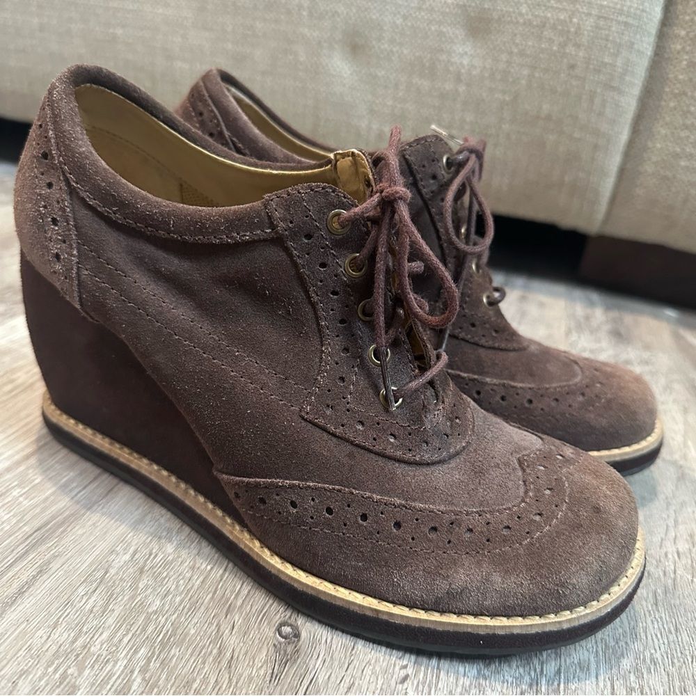 DR. SCHOLLS Bootie Women‎ 7.5 Apex Wedge Ankle Lace Up Brown Leather Suede
